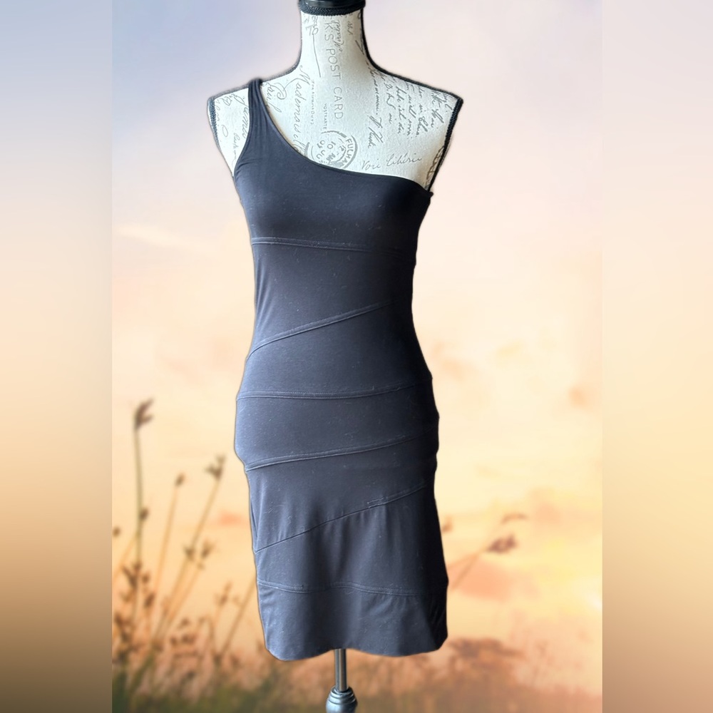 Aqua - One Shoulder Black Dress, Fitted/Stretch Fabric (M)